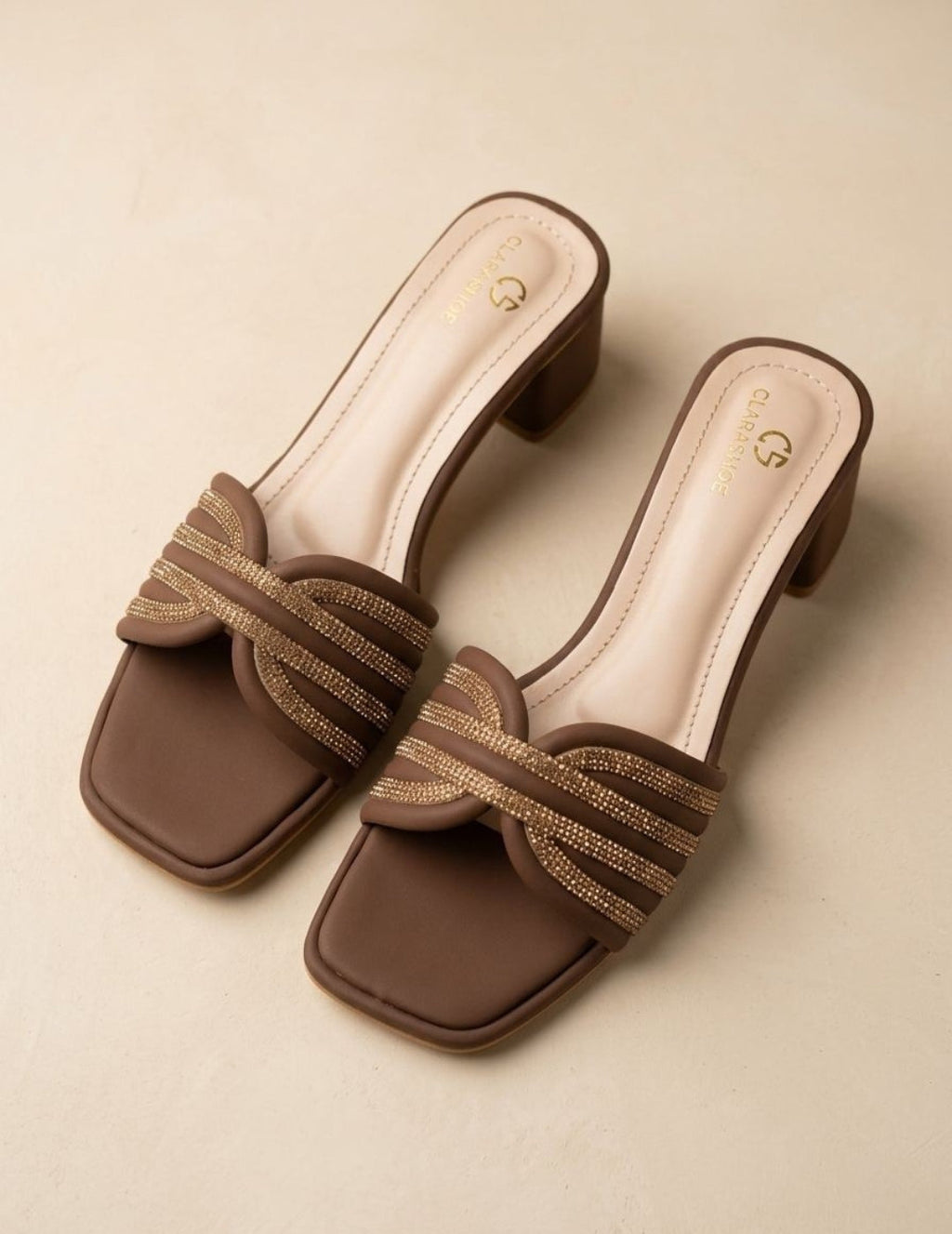 Rhinestone Knot Block Heel Mules Clarashoe