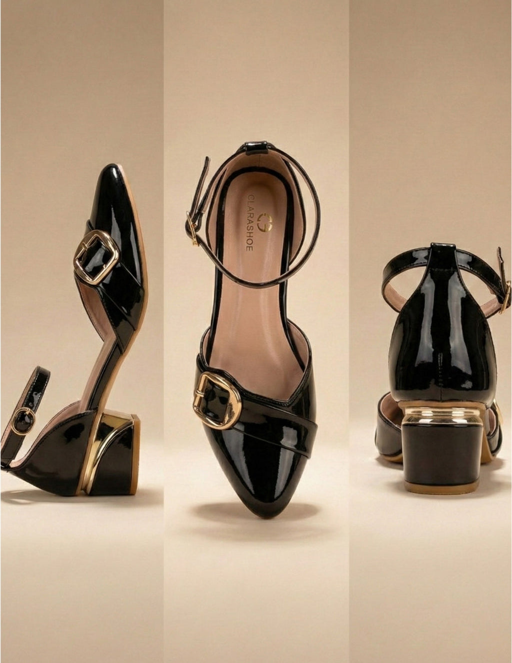 Nude Patent Ankle Strap Block Heel Pumps Clarashoe