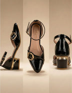 Nude Patent Ankle Strap Block Heel Pumps Clarashoe