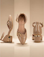 Nude Patent Ankle Strap Block Heel Pumps Clarashoe