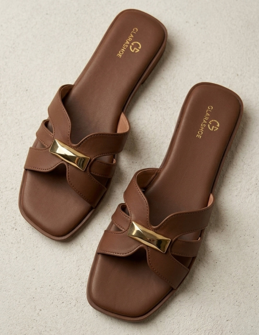 Clara Gold-Bar Nude Flat Slides Clarashoe