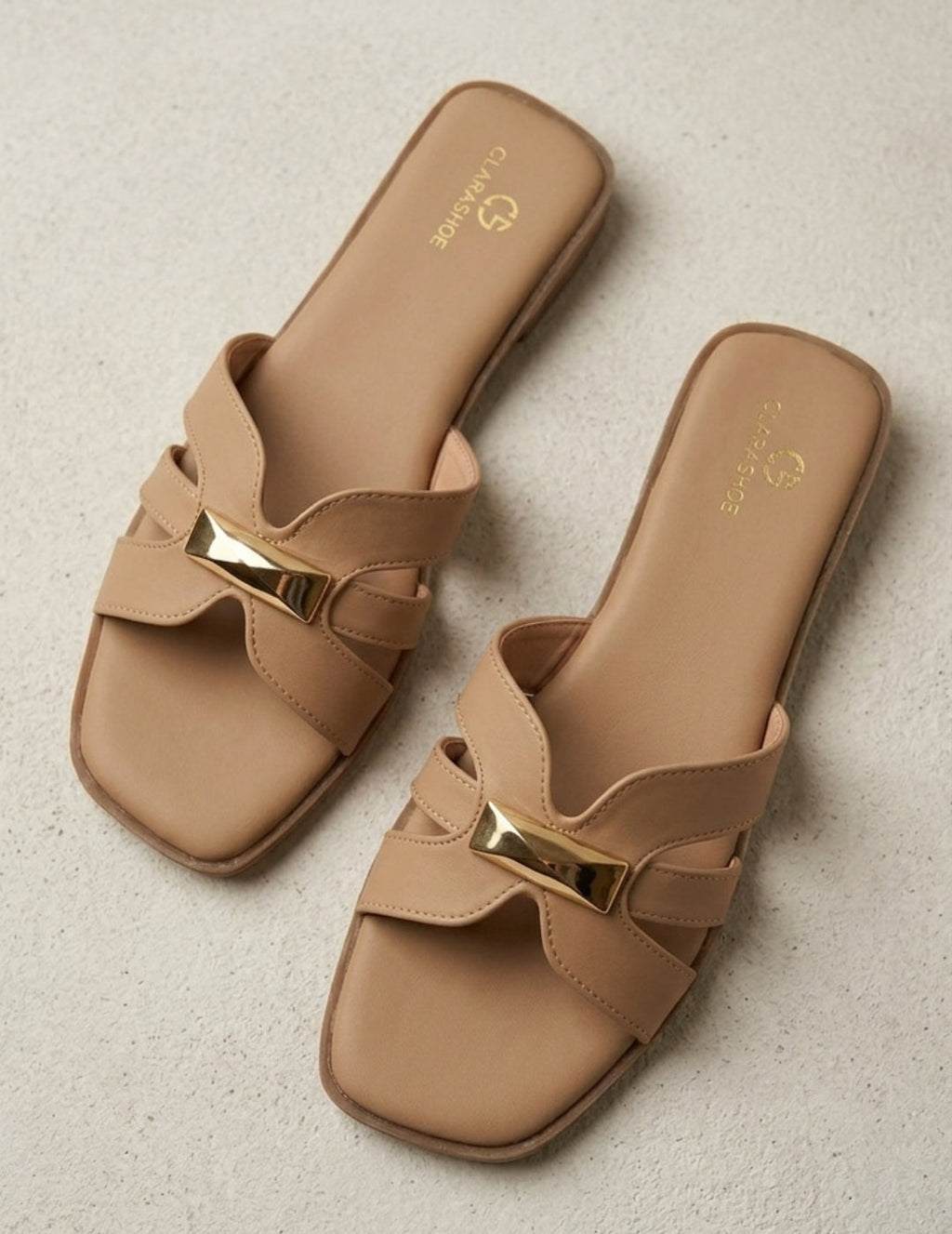Clara Gold-Bar Nude Flat Slides Clarashoe