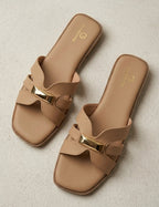 Clara Gold-Bar Nude Flat Slides Clarashoe