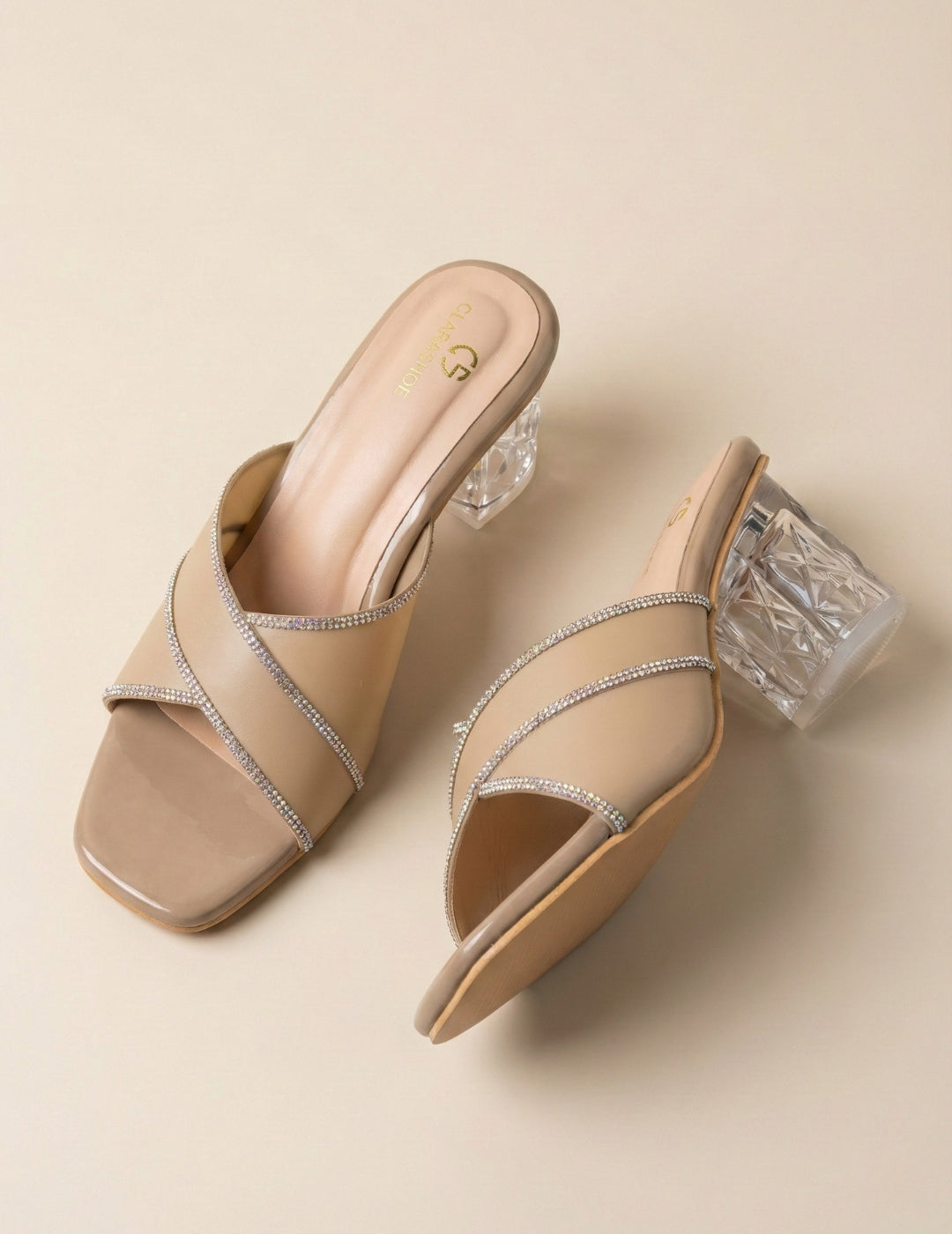Nude Rhinestone Strap Mule Heels Clarashoe