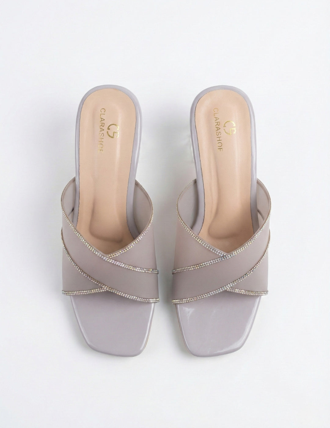 Nude Rhinestone Strap Mule Heels Clarashoe