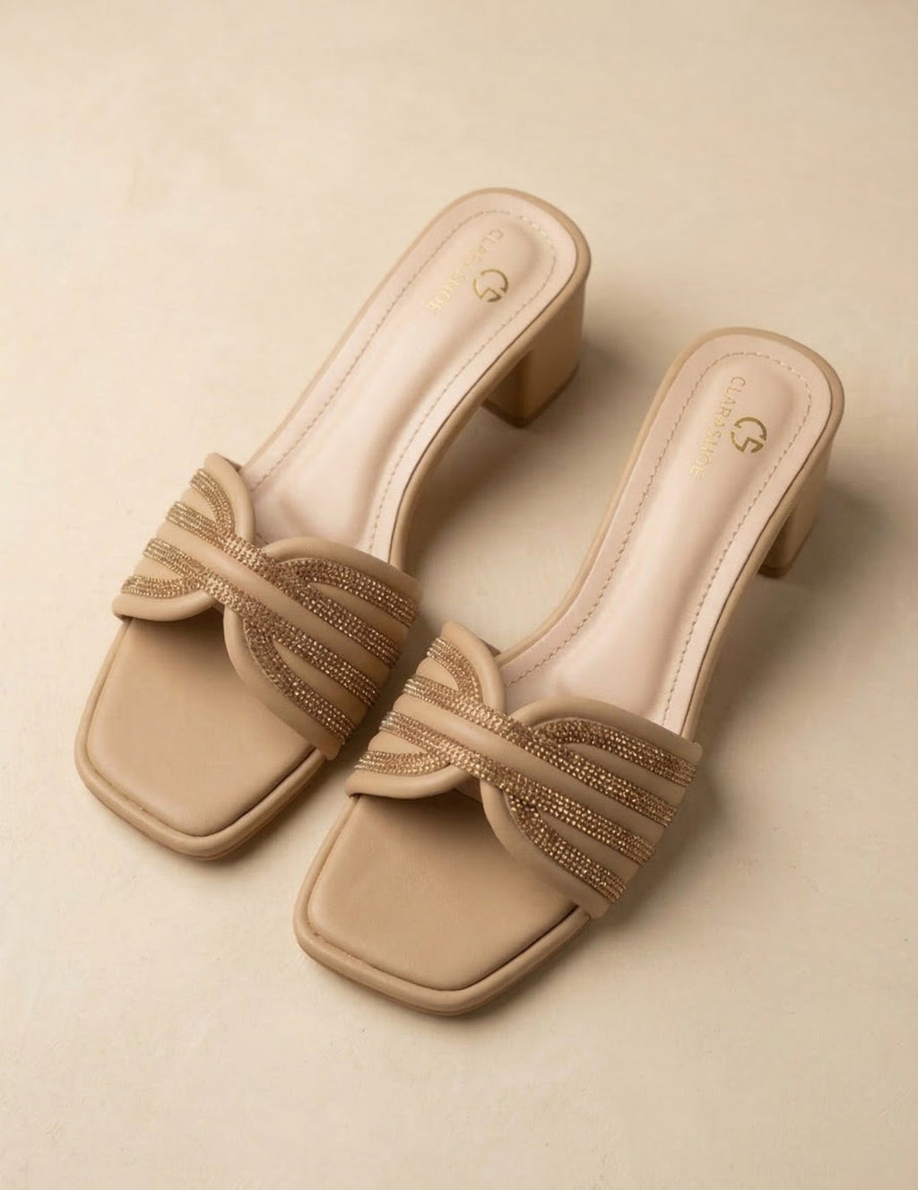 Rhinestone Knot Block Heel Mules Clarashoe