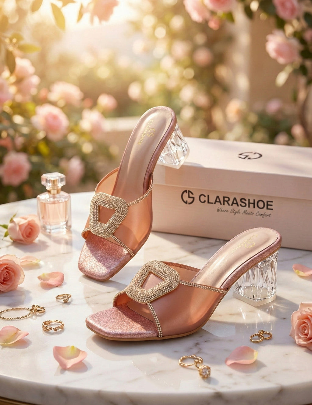 Glitter Crystal Block Heel Sandals Clarashoe