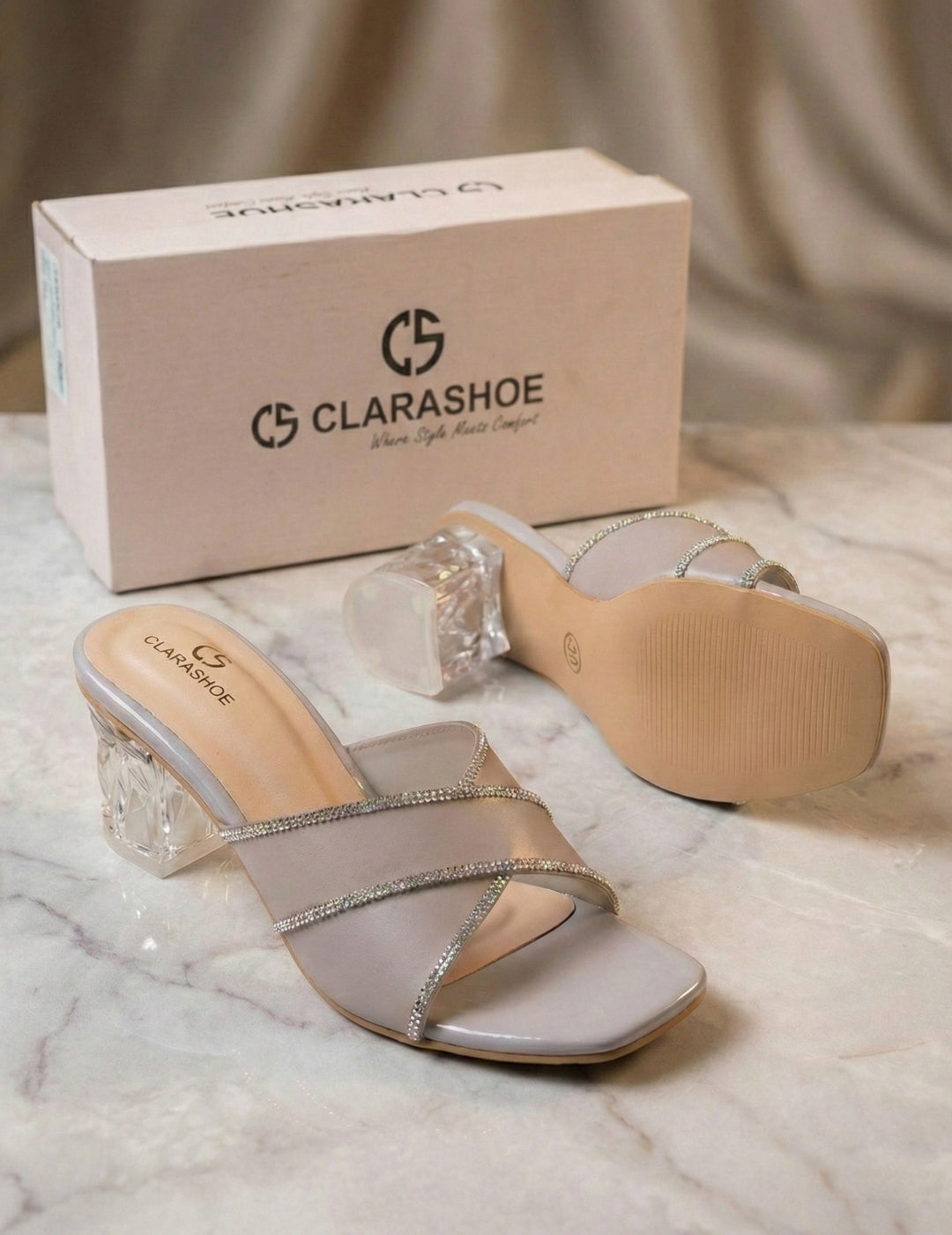 Nude Rhinestone Strap Mule Heels Clarashoe