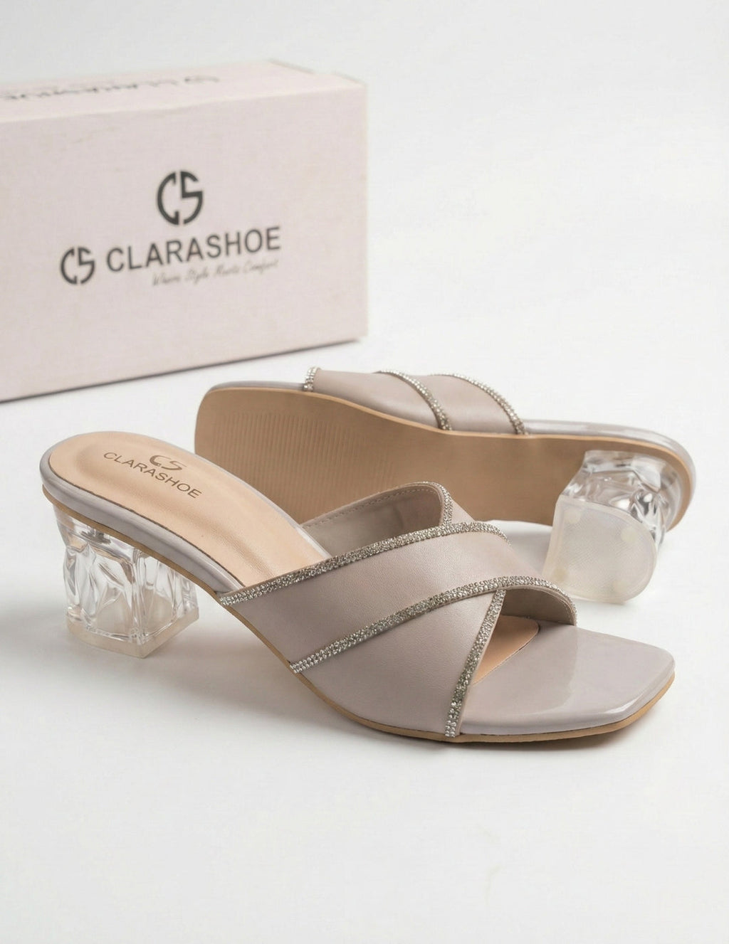 Nude Rhinestone Strap Mule Heels Clarashoe
