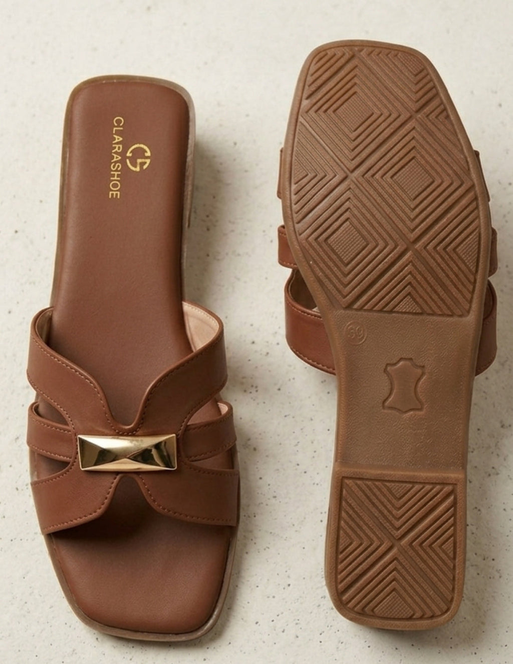 Clara Gold-Bar Nude Flat Slides Clarashoe