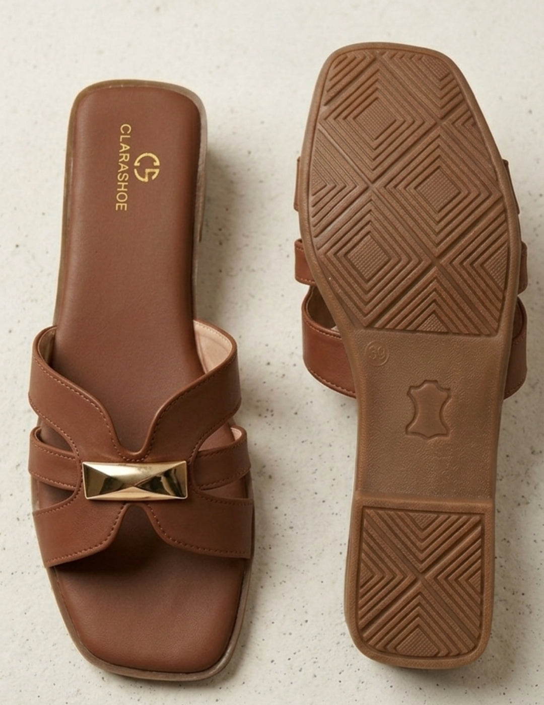 Clara Gold-Bar Nude Flat Slides Clarashoe