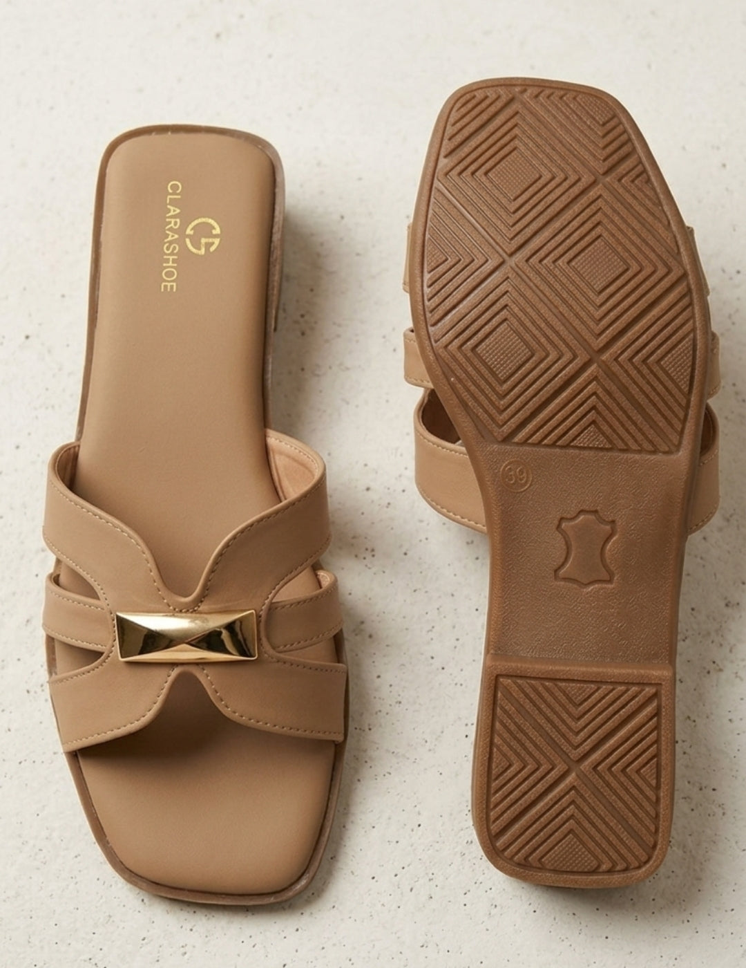 Clara Gold-Bar Nude Flat Slides Clarashoe