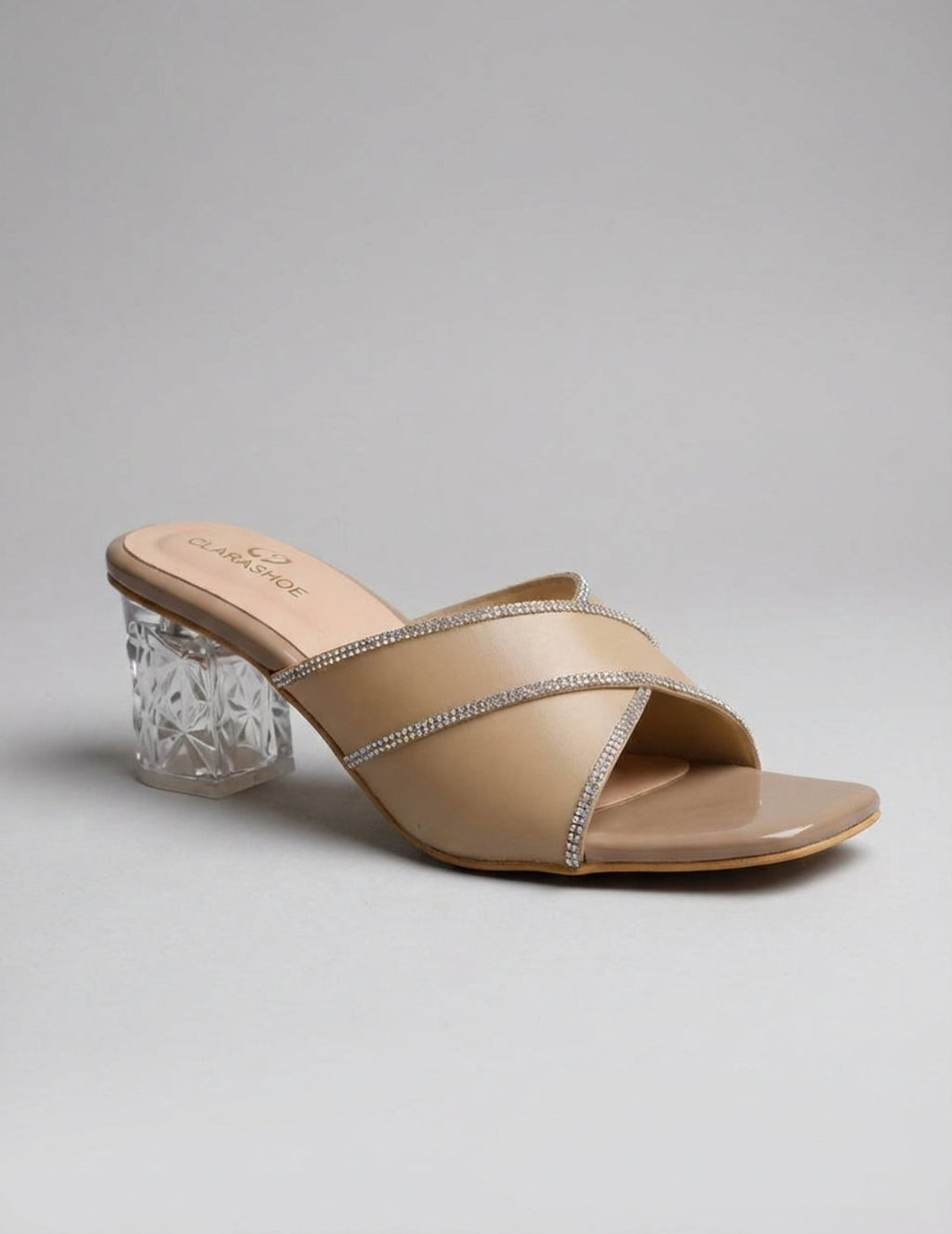 Nude Rhinestone Strap Mule Heels Clarashoe
