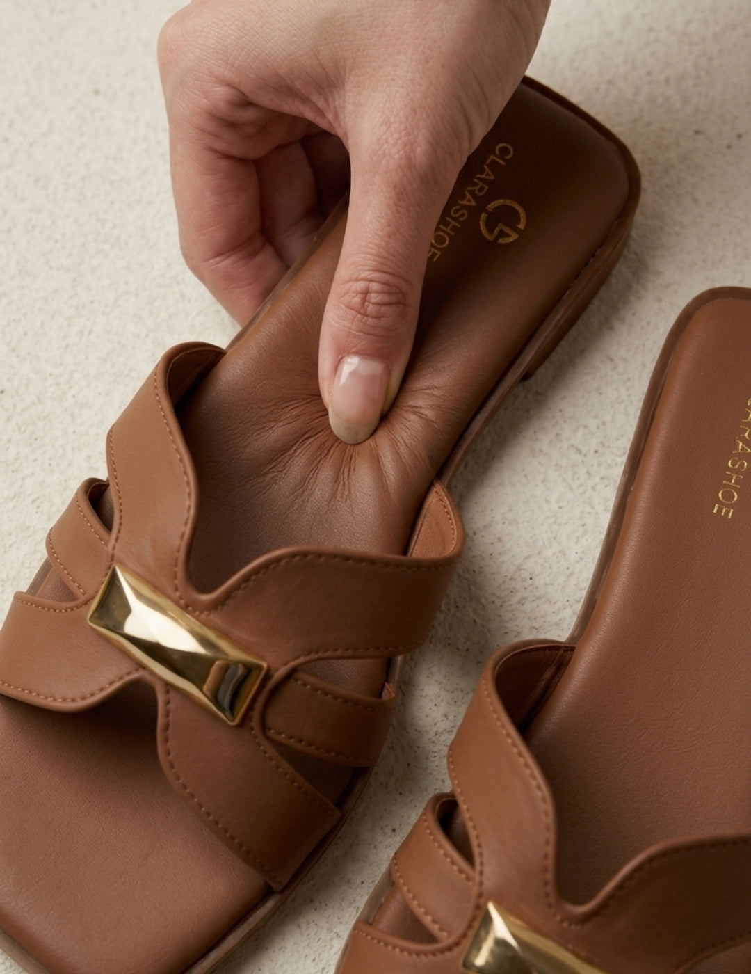 Clara Gold-Bar Nude Flat Slides Clarashoe