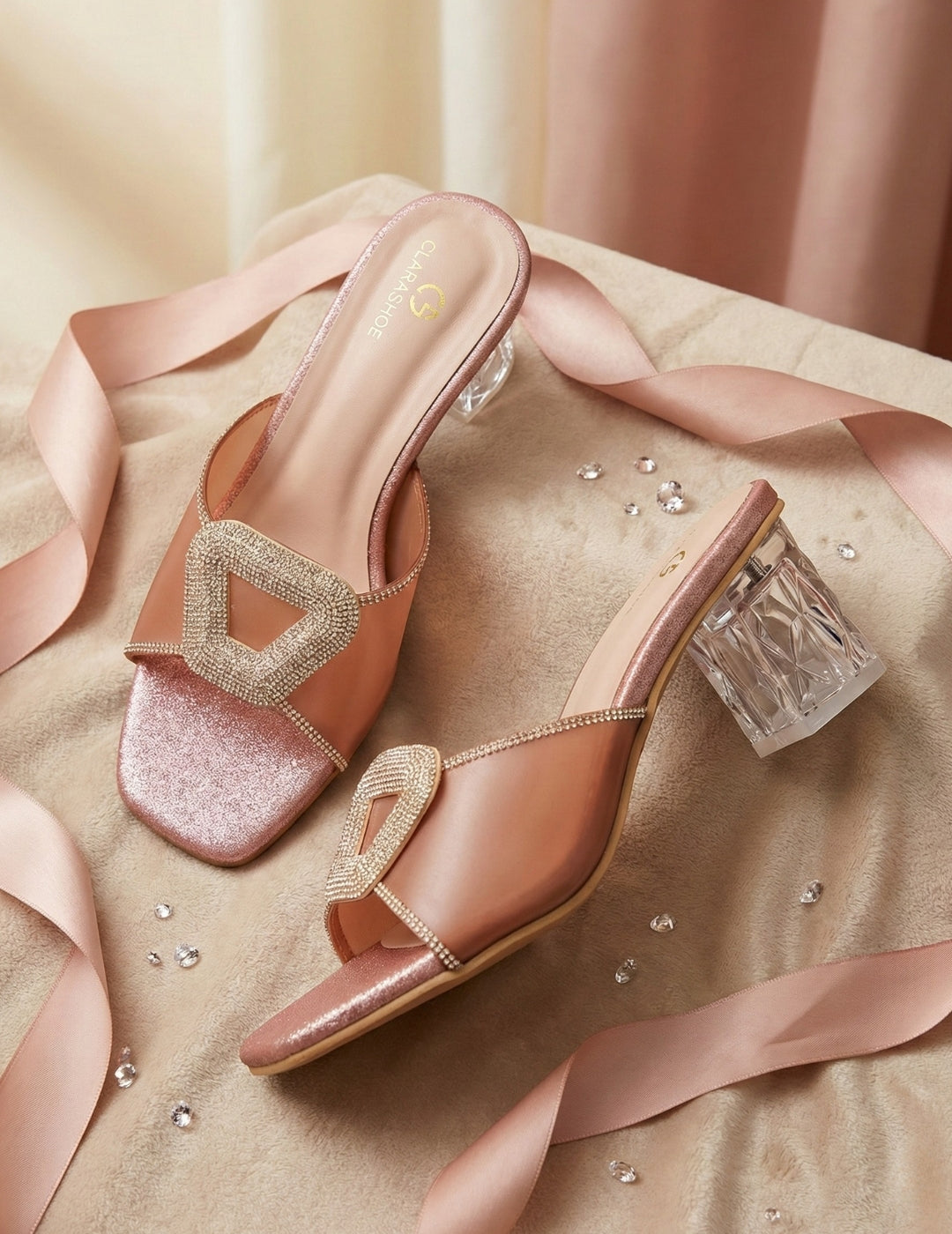 Glitter Crystal Block Heel Sandals Clarashoe