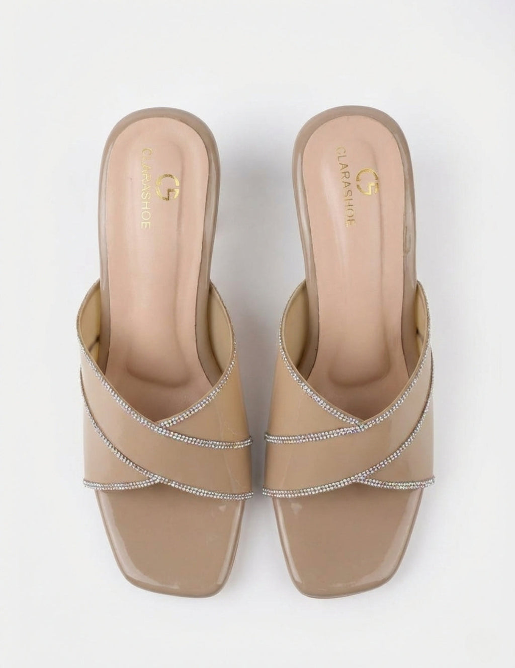 Nude Rhinestone Strap Mule Heels Clarashoe