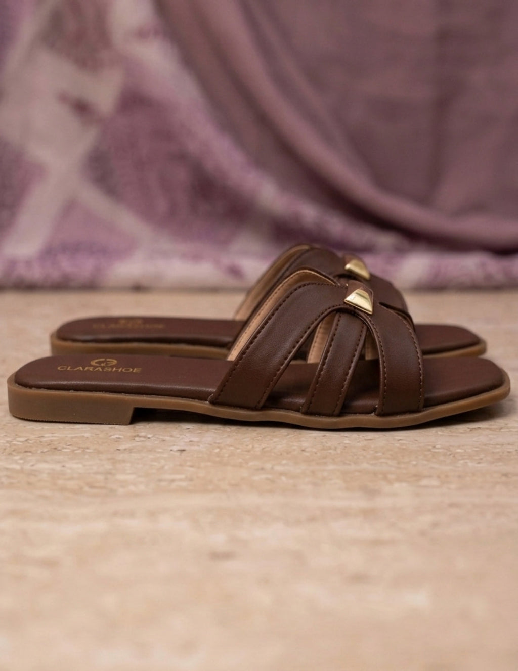 Clara Gold-Bar Nude Flat Slides Clarashoe
