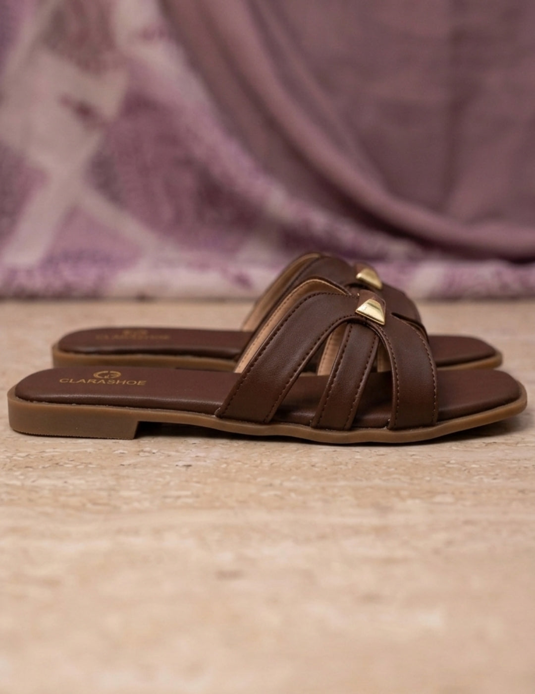 Clara Gold-Bar Nude Flat Slides Clarashoe
