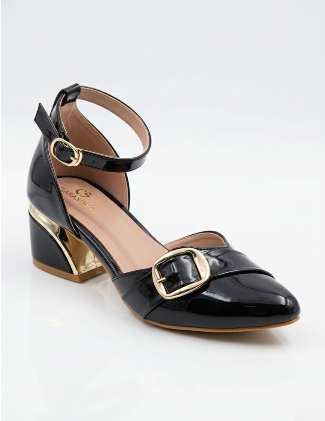 Nude Patent Ankle Strap Block Heel Pumps Clarashoe