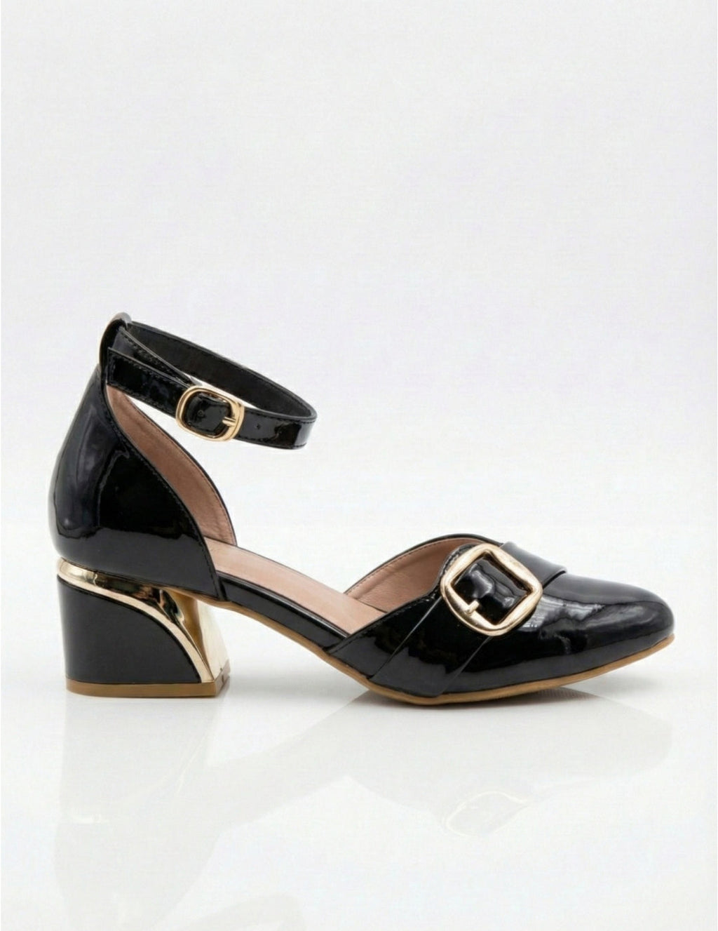Nude Patent Ankle Strap Block Heel Pumps Clarashoe