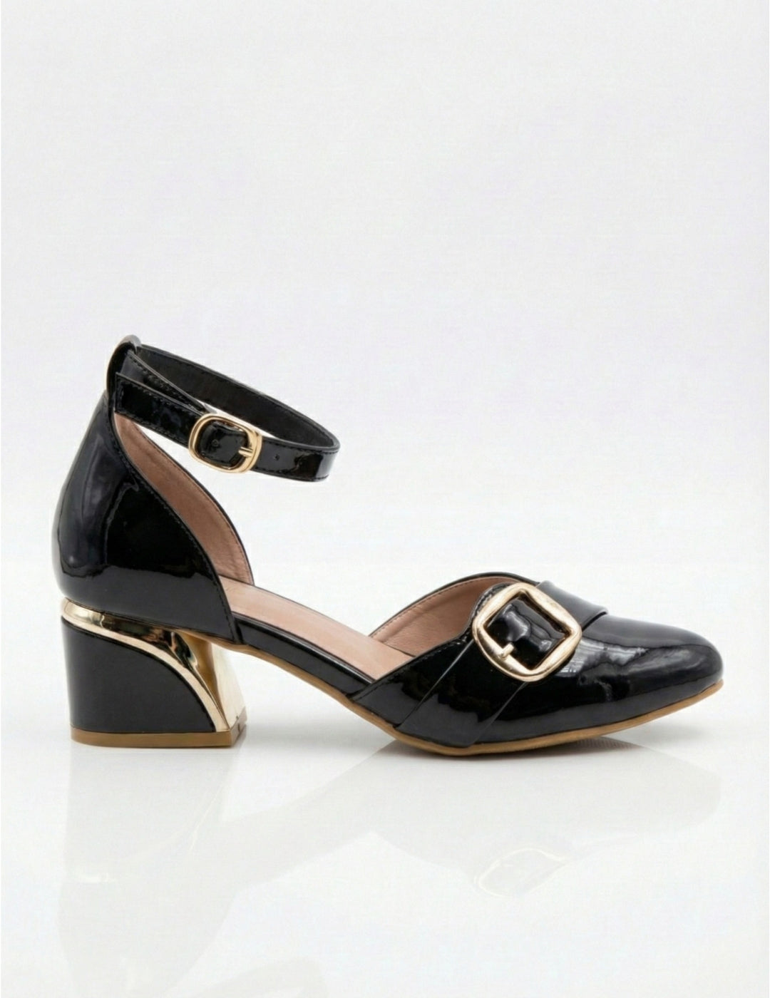 Nude Patent Ankle Strap Block Heel Pumps Clarashoe